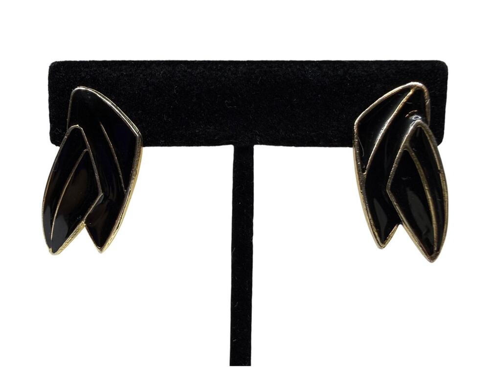 Vintage Black Gold Tone Enamel Art Deco Style Geometric Dangle Drop Earrings 1"